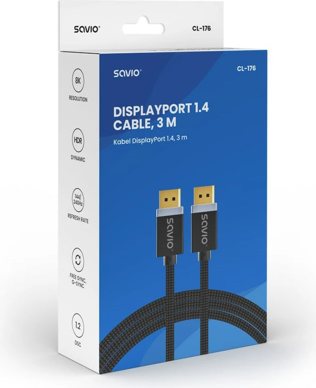 DisplayPort kabel SAVIO, V1.4, 3 m, CL-176, črn