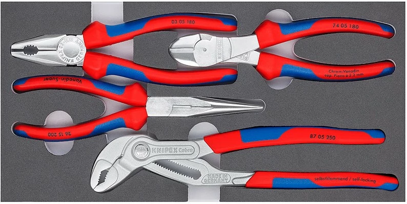 Set klešč Knipex Zangen-Set Basic Chrom, 4 kosi, krom, rdeče/modri ročaji