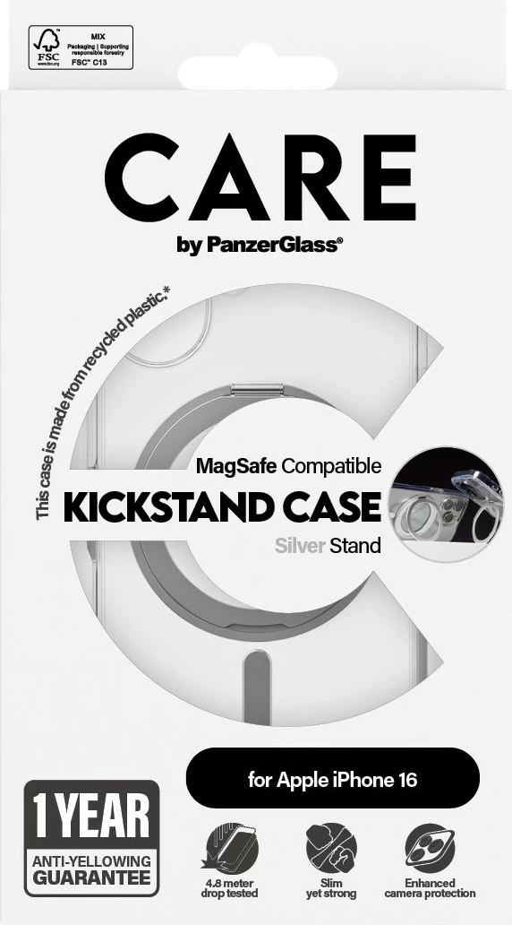 Prozoren zaščitni ovoj PanzerGlass CARE Case, MagSAFE, srebrna stojalka, za iPhone 16
