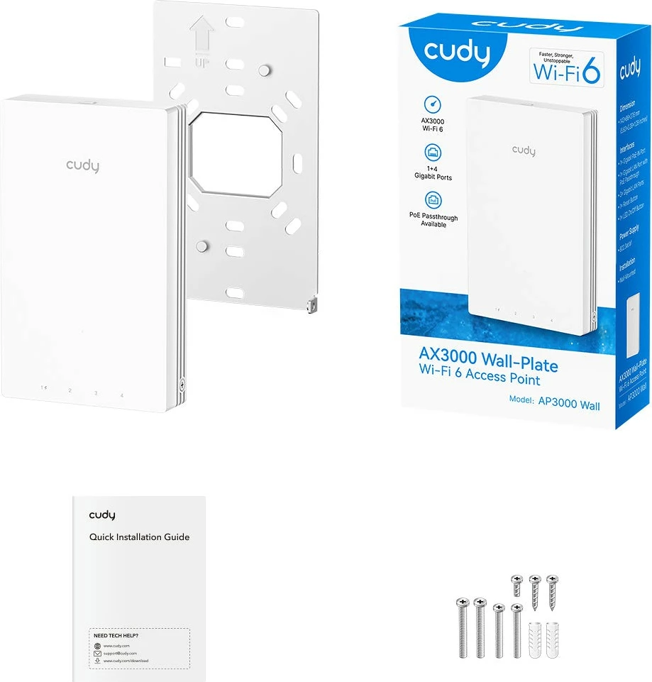 Stenska dostopna točka Wi‑Fi 6, Cudy AP3000 Wall, AX3000 2402+574 Mb/s, 5x GbE s PoE In/Out, bela