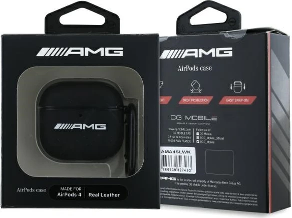 Zaščitni ovitek za AirPods 4 AMG, usnje, bela logotip, črn