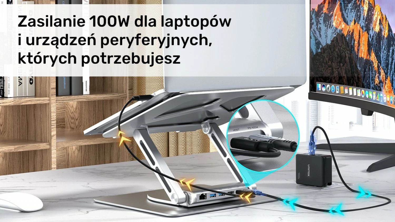 Stojalo za prenosnik Unitek USB-C HDMI 4K PD 100W, srebrno