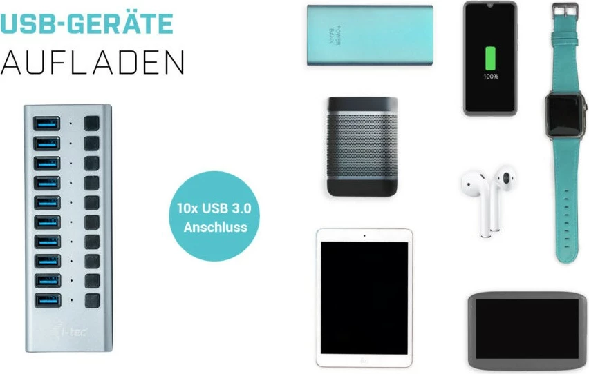 USB-hub z 10 vrati, 48 W, USB 3.0, siva — I-Tec