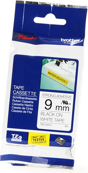 Etiketni trak Brother TZe-S221, 9 mm x 8 m, močno lepilo, črno na belem