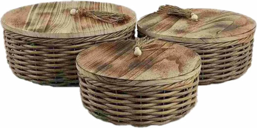 Komplet 3 okroglih shranjevalnih škatel iz lesa in ratana, rjava, 41x41x17 cm
