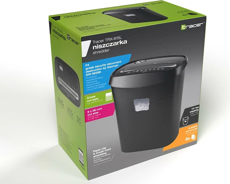 Univerzalni drobilnik dokumentov Tracer TRX-815L, 15 L, cross-cut, črn