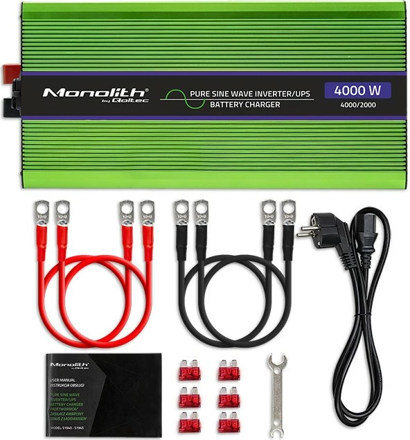 Konverter/pretvornik napetosti 12V v 230V, čist sinus, LCD, Qoltec Monolith 51943, 2000W/4000W, zelen