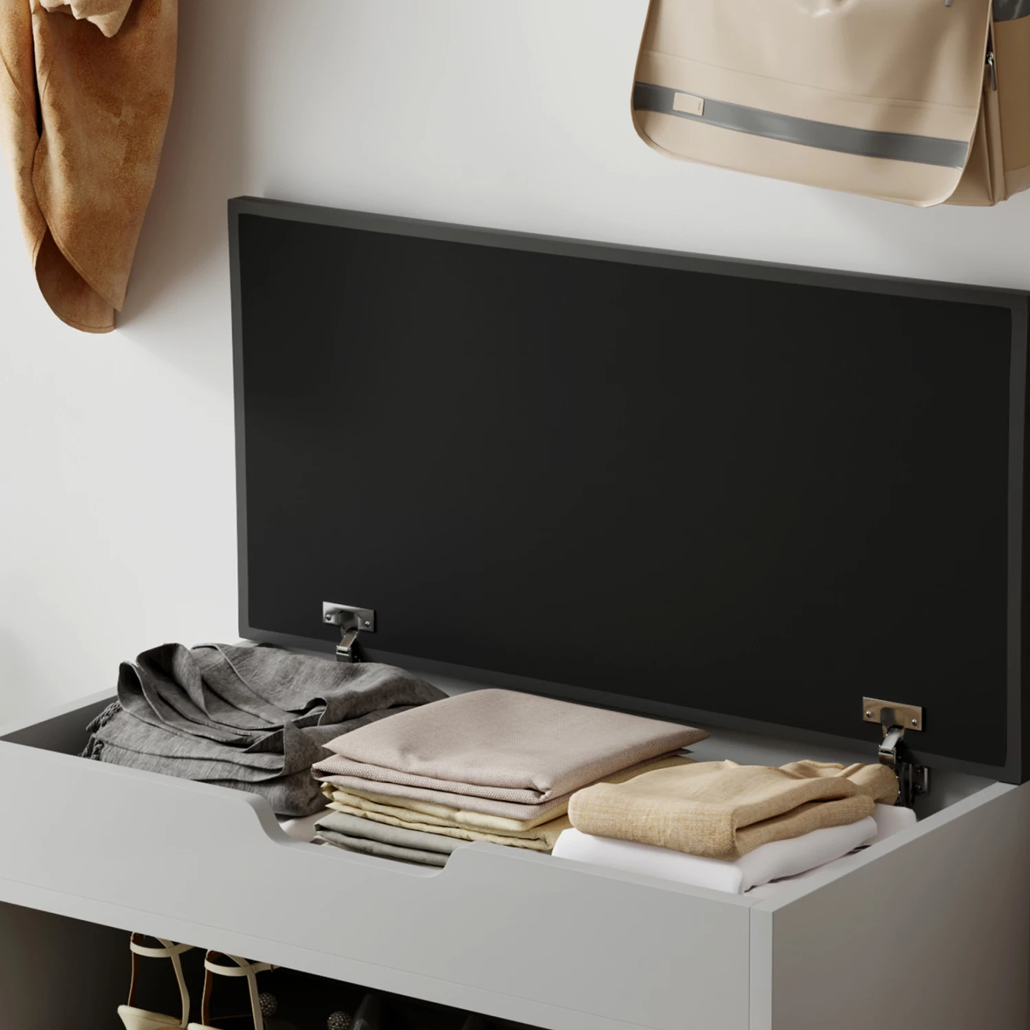 Polica za čevlje z sediščem ROMIR FH2477.05, melamin siva-antracit, sedišče PU, 60x30x44 cm