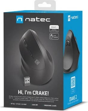 Vertikalna brezžična miška Natec Crake 2, za levičarje, 2400 DPI, Bluetooth 5.2 + 2.4 GHz, črna