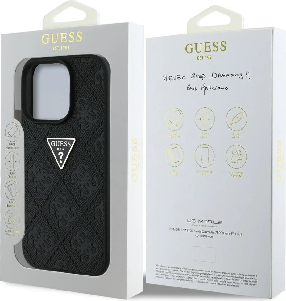 Ovitek Hot Stamp 4G z vzorcem trikotnika in metalnim logotipom Guess za iPhone 16 Pro, črn