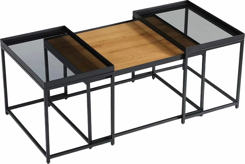 Set kavnih miz Harmonica, 3 kos, naravno, dimljeno steklo, črno, 75x55x44