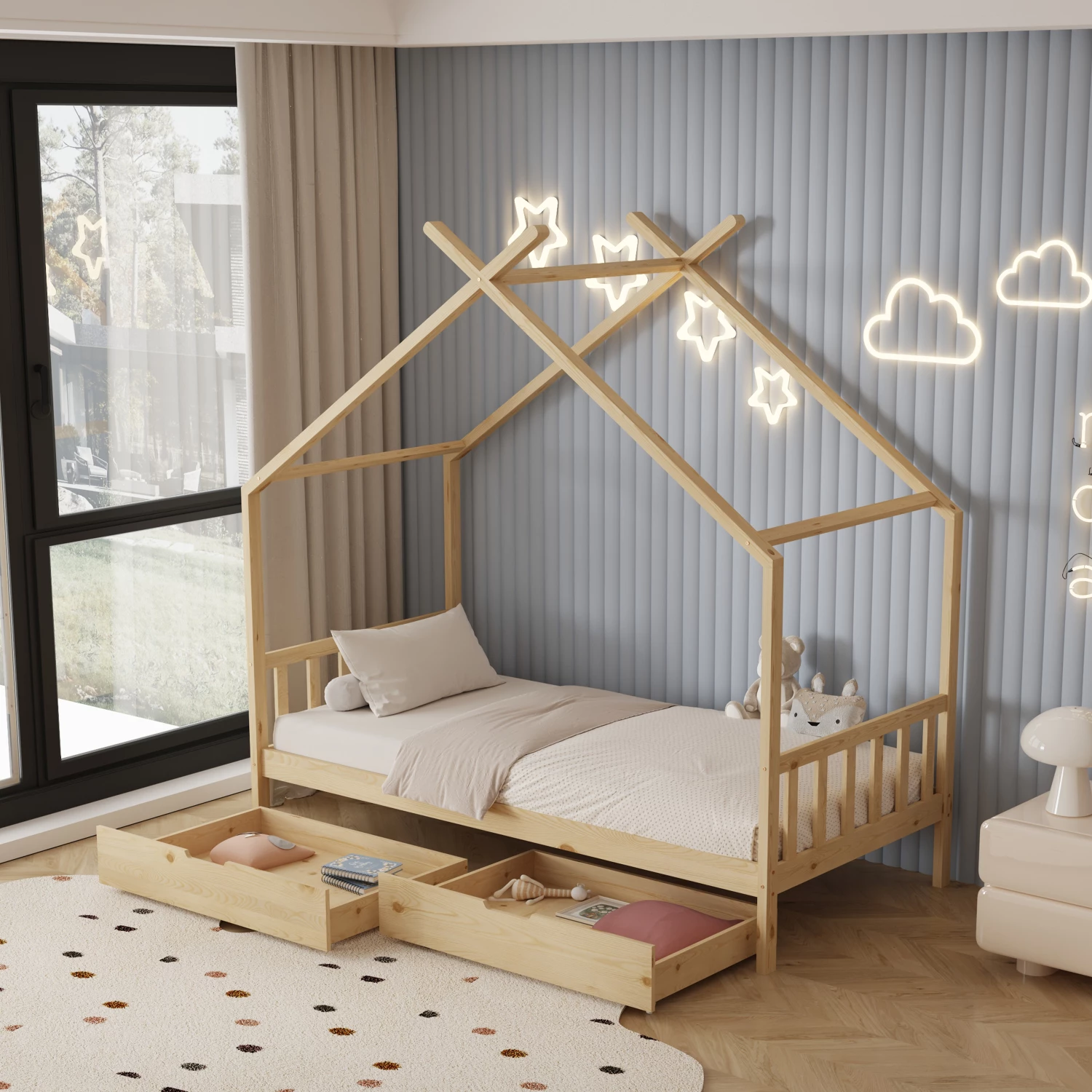 Postelja za otroke KLARICE FH680.01 t.MONTESSORI-2 predala- masivni bor v naravni barvi- 190x90cm