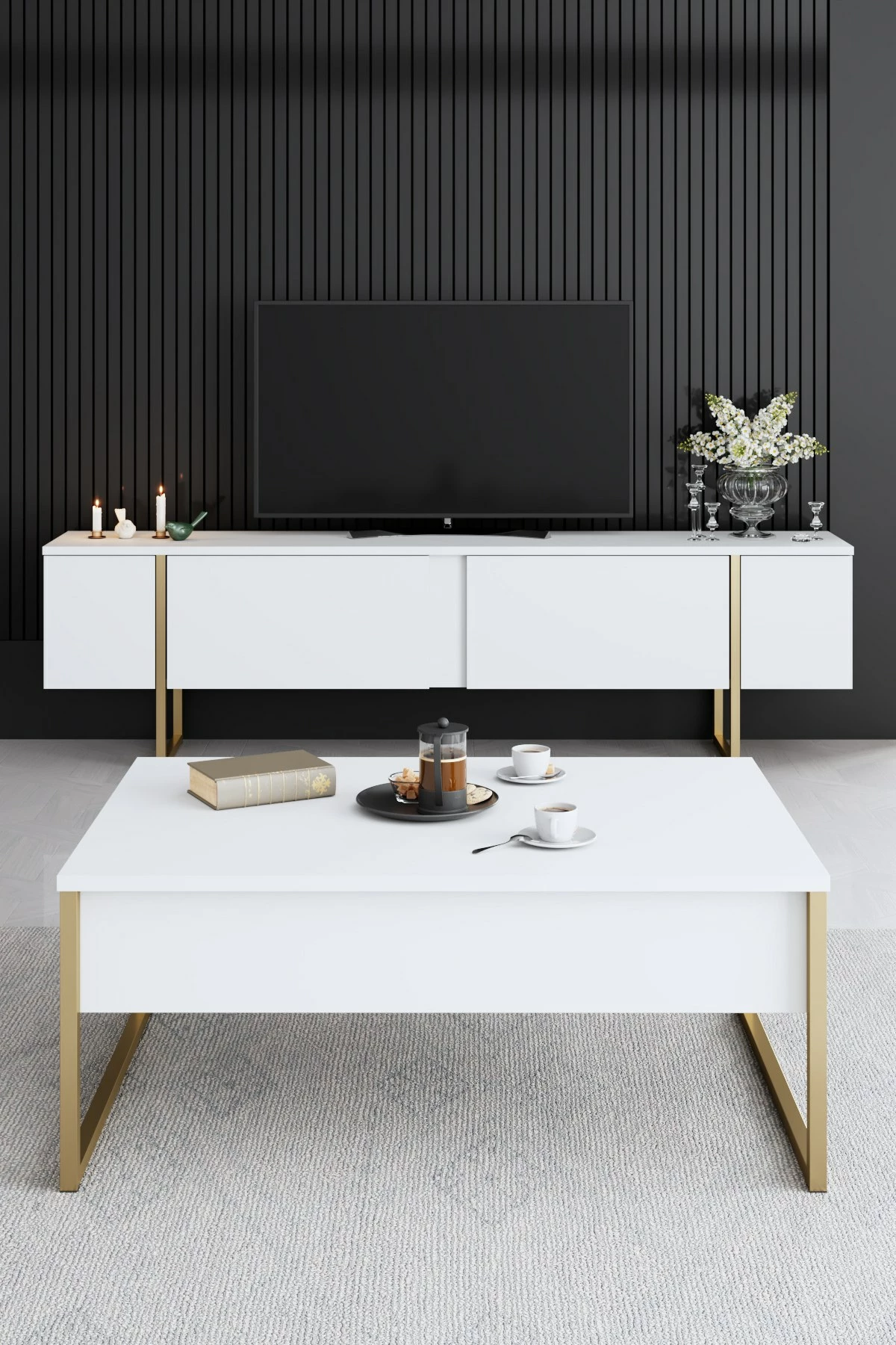 Set pohištva za dnevno sobo, Skye Decor, bela in zlata, Luxe