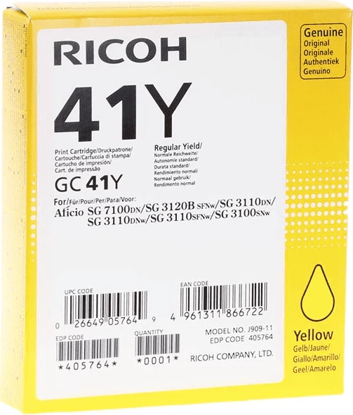 Barvna kartuša Ricoh GC41Y (405764), zmogljivost do približno 2200 strani, standardna, rumena