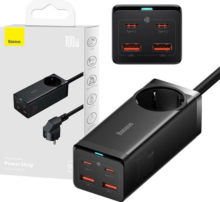 Polnilnik Baseus GaN3 Pro, 100 W, 2x USB-C + 2x USB-A, AC vtič, črn