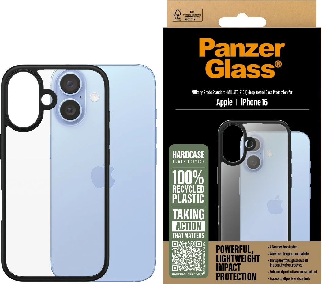 Prozoren zaščitni ovitek PanzerGlass HardCase za iPhone 16, črno ohišje