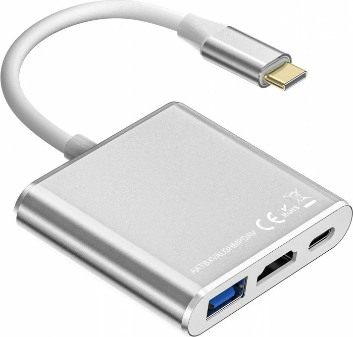 HUB-adapter USB-C 3-v-1 TB, HDMI, USB 3.0, Power Delivery, srebrn