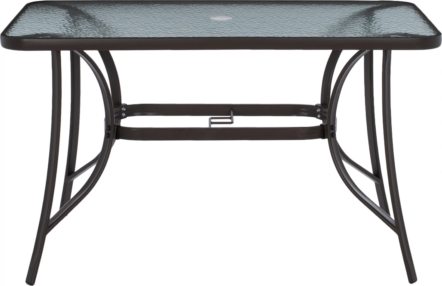 Zunanja miza rjave barve iz kovine in stekla z odprtino za dežnik 120Χ70Χ72Hcm.FH5021.12