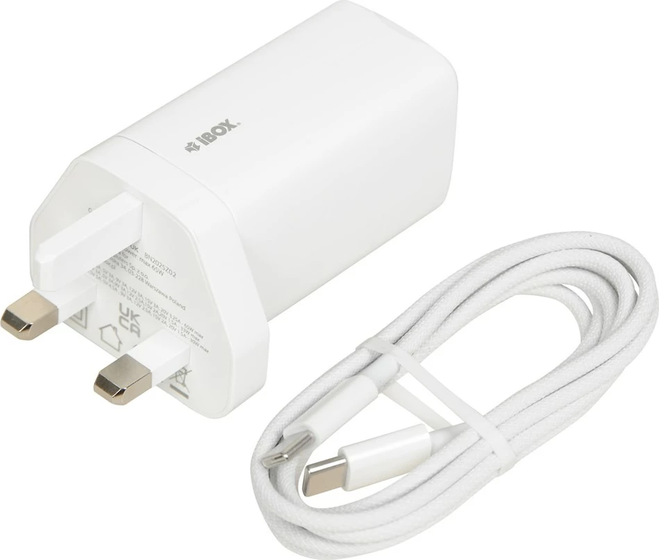 Univerzalni polnilec GaN 65 W, iBOX C-65, britanski vtič, bel