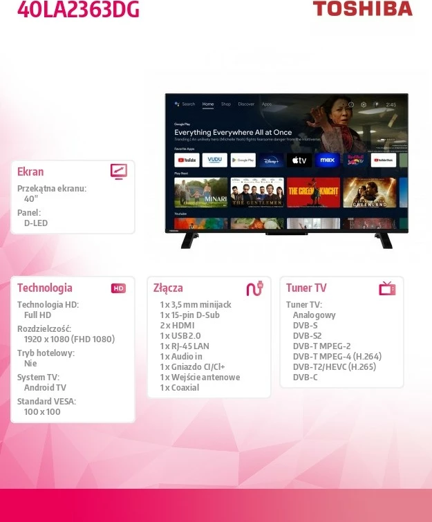 Pametni televizor 40-palčni Full HD Android TV, Toshiba 40LA2363DG, črn
