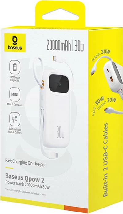 Prenosna baterija Baseus QPow 2, 20000 mAh, 30 W, 2x USB-C, bela