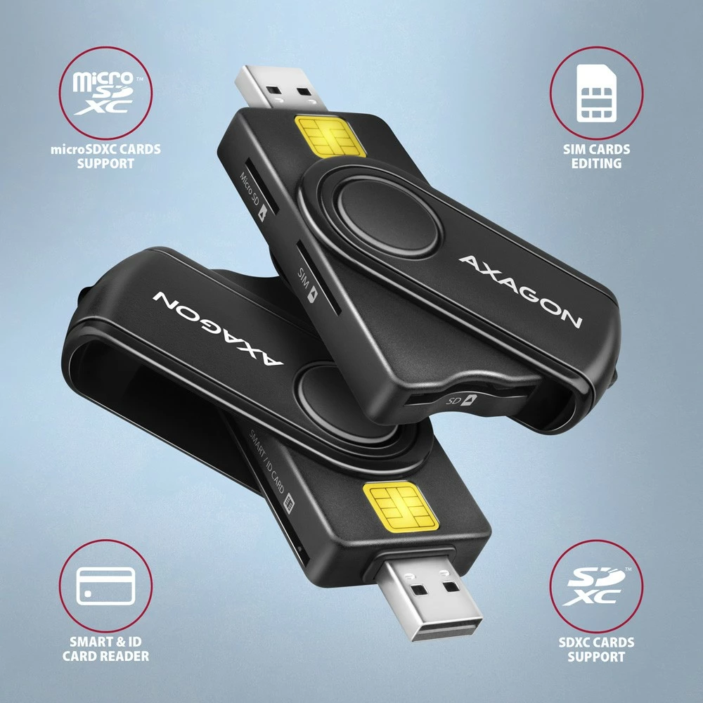 Večfunkcijski bralnik kartic AXAGON CRE-SMP2A, USB 2.0, SD/microSD/SIM/ID, črn