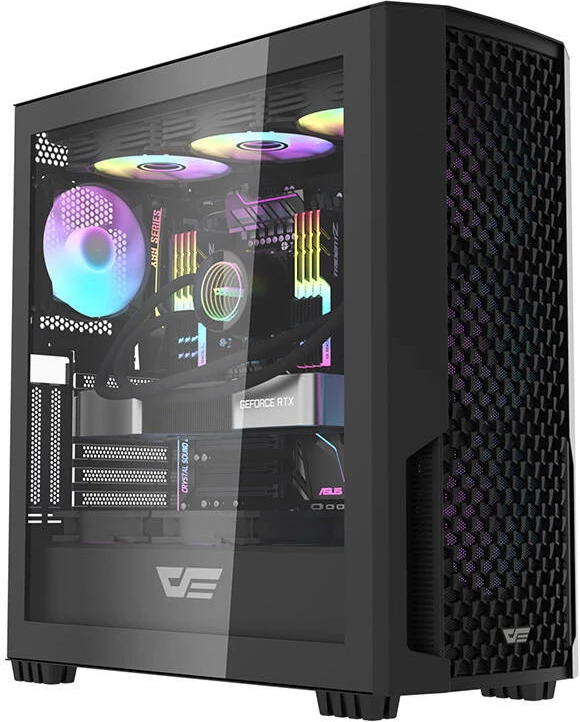 Računalniško ohišje z 4 ARGB ventilatorji, Darkflash DF2100 E-ATX/ATX, do 8×120 mm, 2 HDD + 3 SSD, 7 rež, radiator do 360 mm, 1×USB 3.0 + 2×USB 2.0, stransko kaljeno steklo, črno