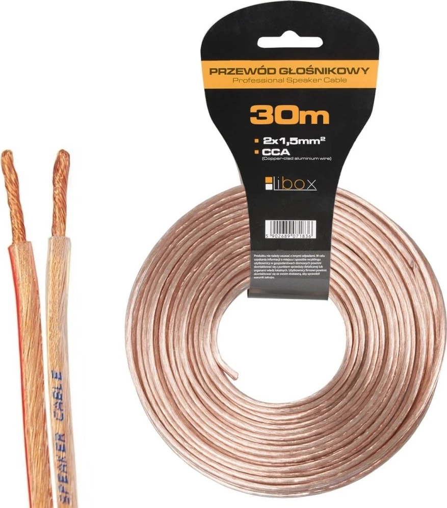 Kabel za zvočnik Libox 2x1,50 mm, 30 m, prozoren, bel