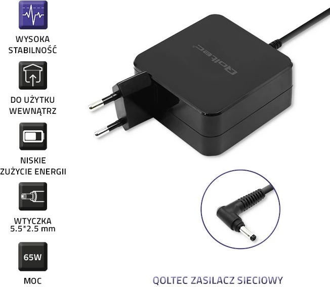 Polnilec za prenosnik 65W, 19V, 3.42A, 5,5x2,5 mm, Qoltec za Asus, črn