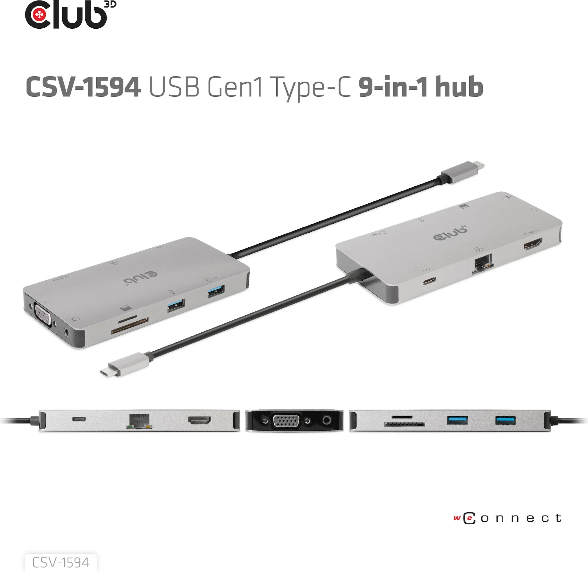 USB-C HUB 9in1 z HDMI, VGA, 2×USB, RJ45, SD — Club3D, 100W, črno/siv