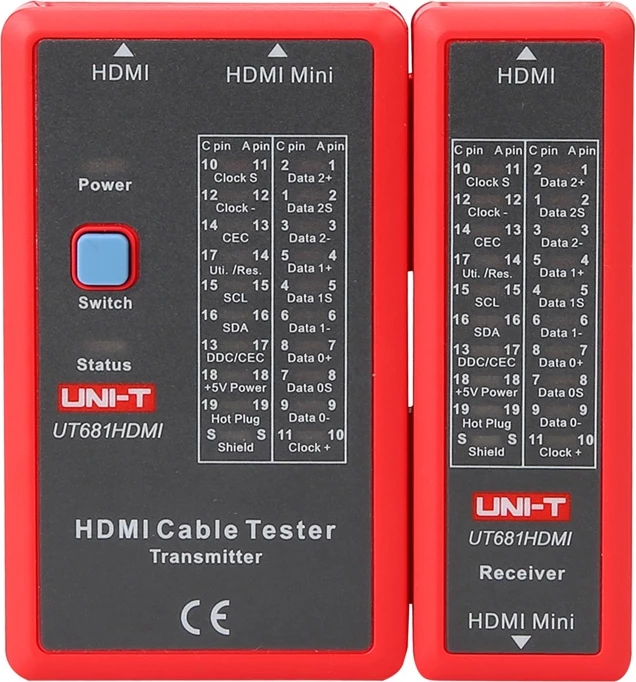 Tester kablov HDMI UNI-T UT681HDMI, LED 19 pinov, 3 načini testiranja (fast/scan/full), podpora Mini HDMI, baterija 9V, rdeče-siv, komplet oddajnik + sprejemnik