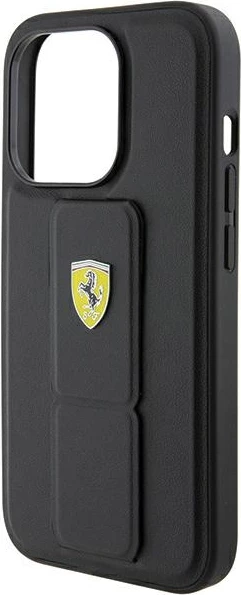 Ovitek za telefon Grip Stand z metalnim logotipom Ferrari za iPhone 15 Pro Max, črn