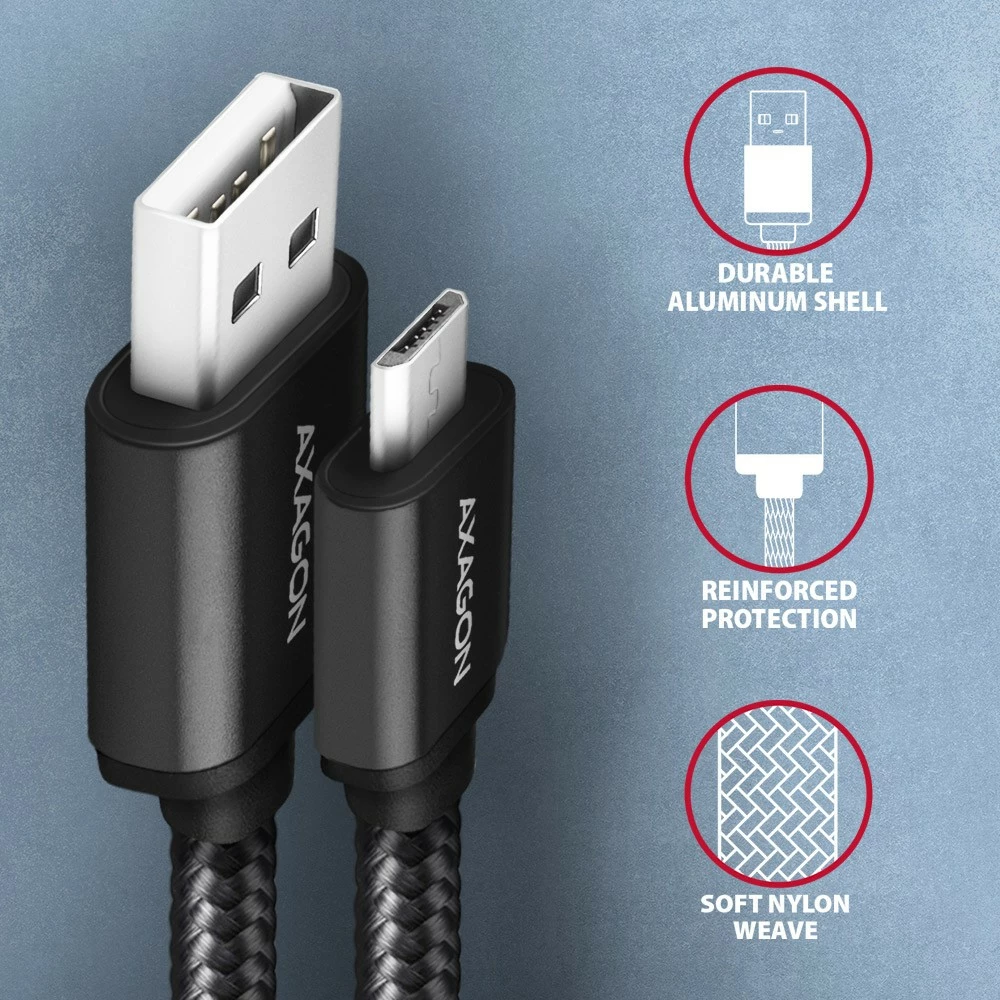 Micro USB kabel za hitro polnjenje in prenos podatkov AXAGON BUMM-AM15AB, 1,5 m, USB 2.0, 2,4 A, črn