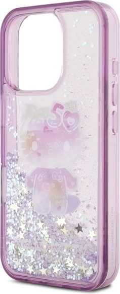 Ohišje z liquid glitter dizajnom 50TH Anniversary Party za iPhone 16 Pro, Hello Kitty, vijolično