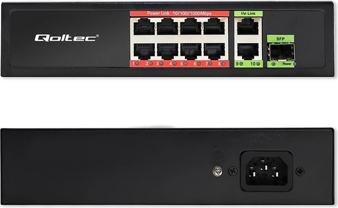 Omrežni preklopnik Qoltec 52297, 8x RJ45 PoE, 2x RJ45 uplink, 1x SFP, 120 W, 1000 Mb/s, črn