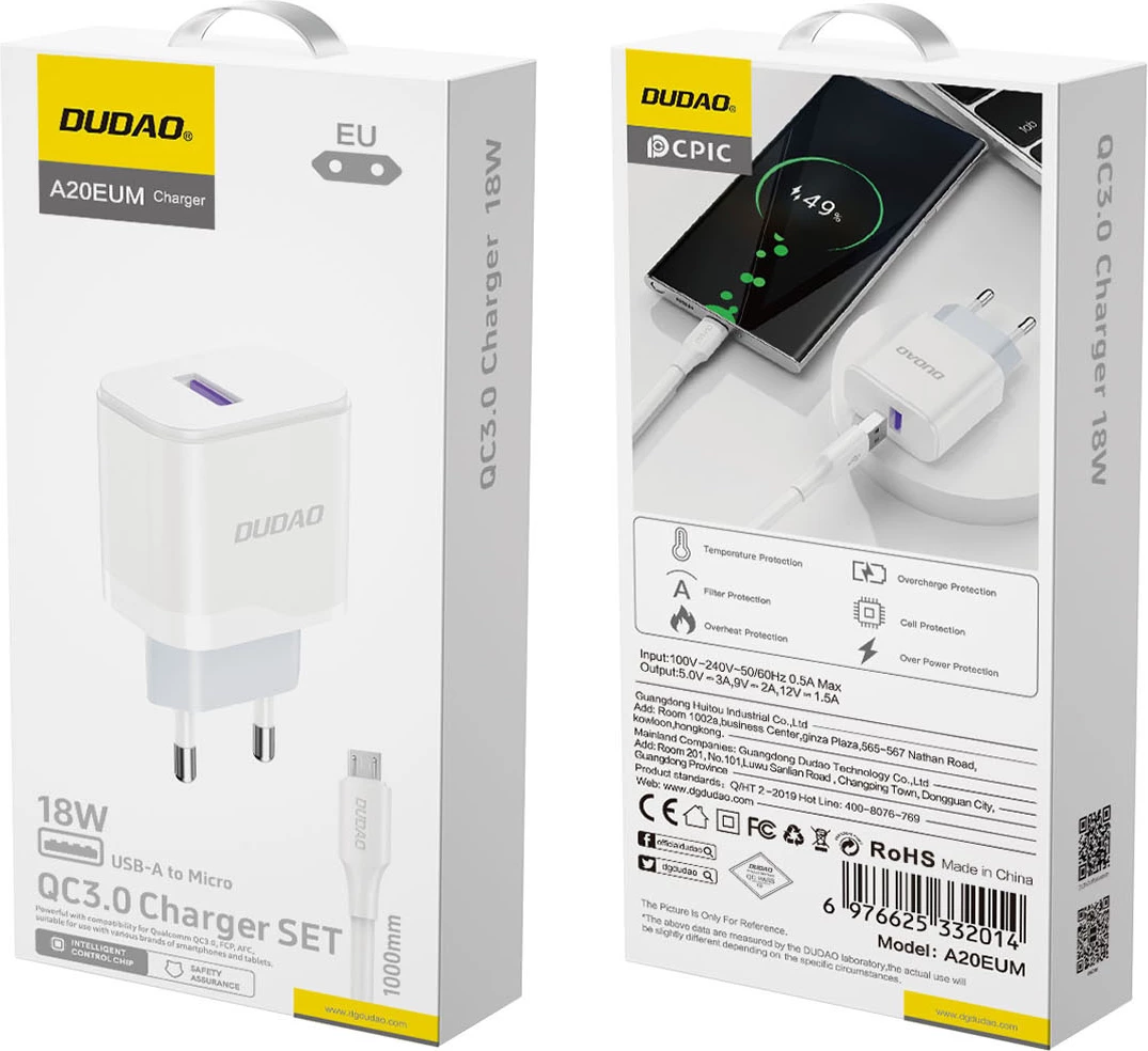 Omrežni polnilec z USB-A na micro USB kabel, 18 W, bel, Dudao A20EU