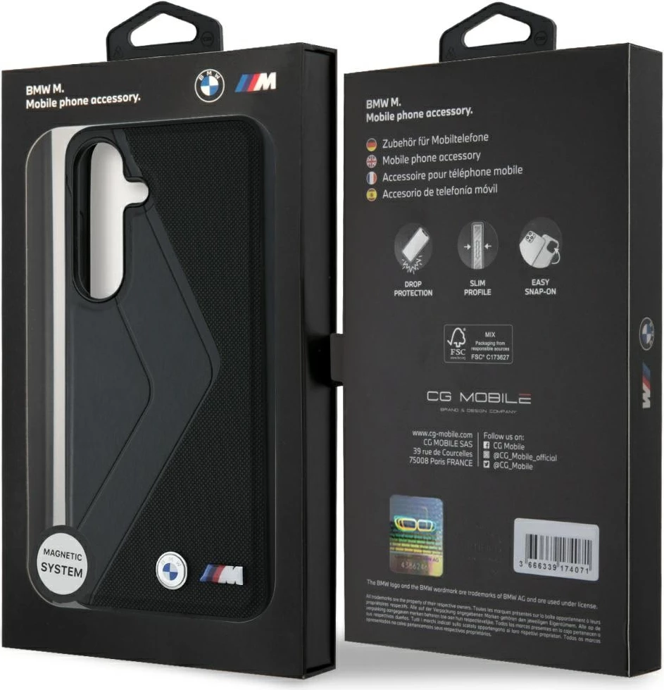 Zaščitni ovitek z usnjem in širokimi črtami BMW MagSafe za Samsung Galaxy S25, črn