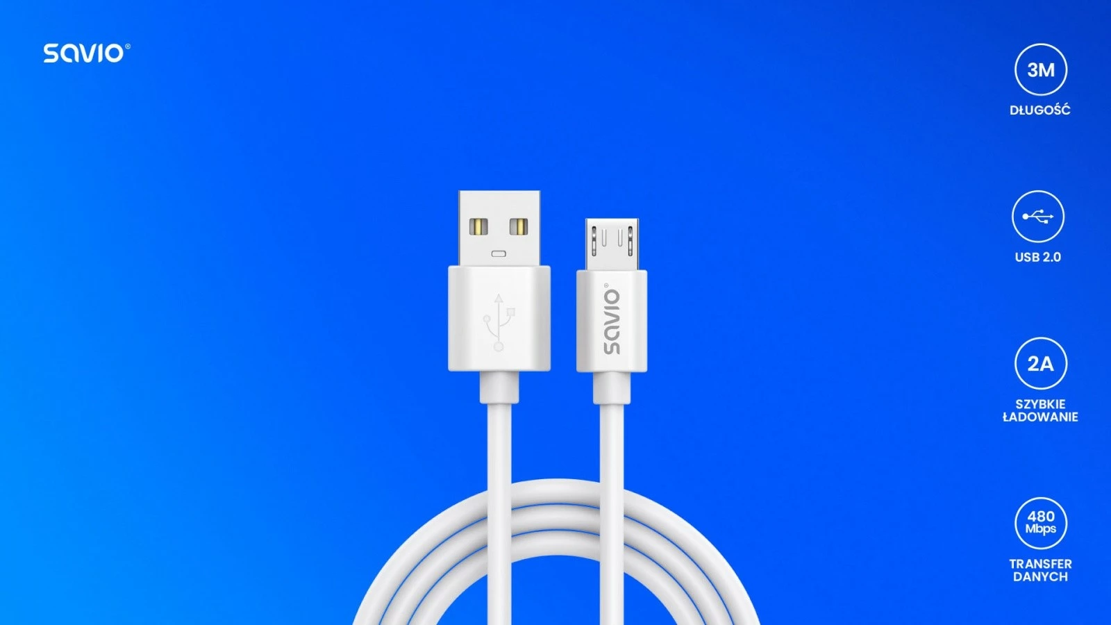 Kabel USB-A na micro USB, Savio CL-167, 3 m, bel