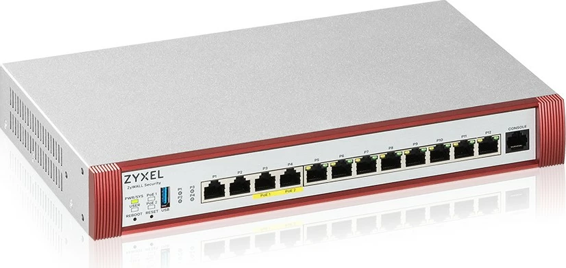 Napredni požarni zid Zyxel USG FLEX500 H Series USGFLEX500H-EU0102F, 2.5 Gbps, 10 vrat, PoE+, rdeče/belo