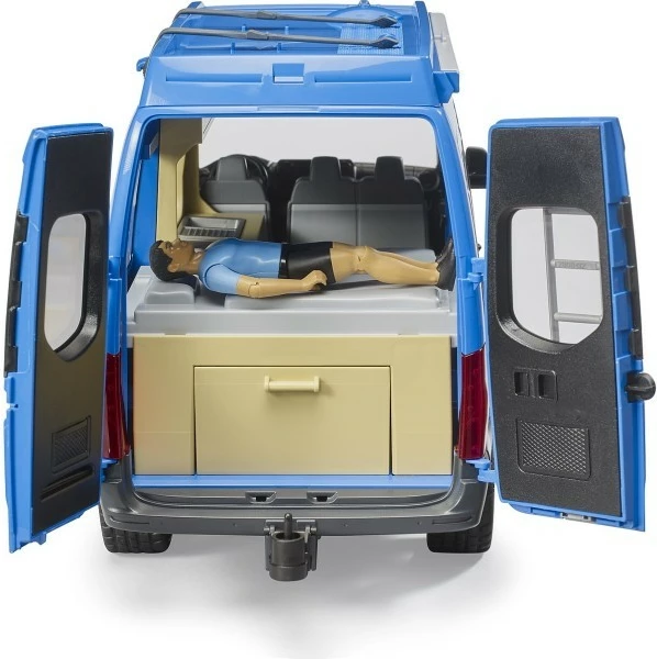 Igralski set kamper, BRUDER MB Sprinter BR-02684, z figurico bworld in kamping dodatki, odpirajoča se vrata in stranska drsna vrata, izvlečna tenda, plastika, modra