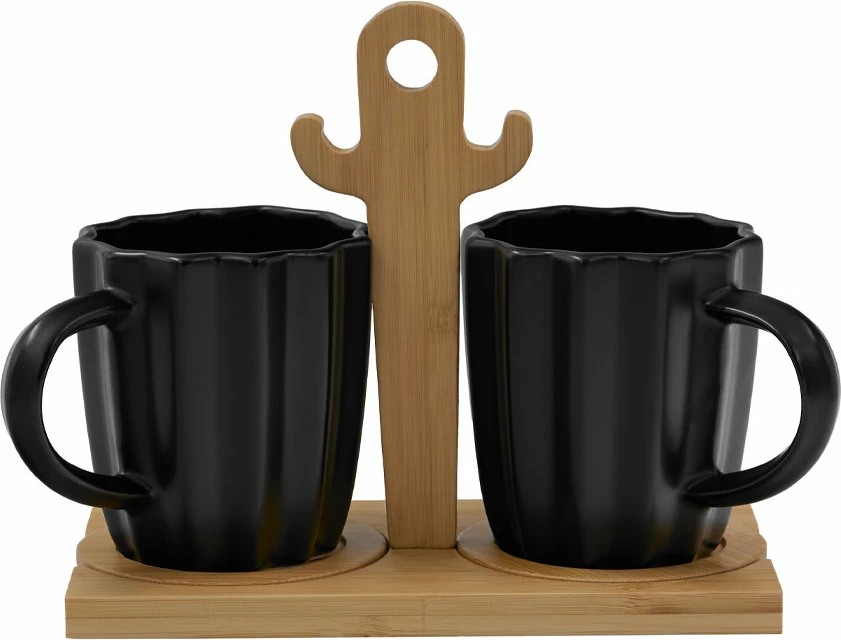 Set skodelic za espresso, črn porcelan, naraven bambus, 2 kosa, 20x12x17 cm, Cactus