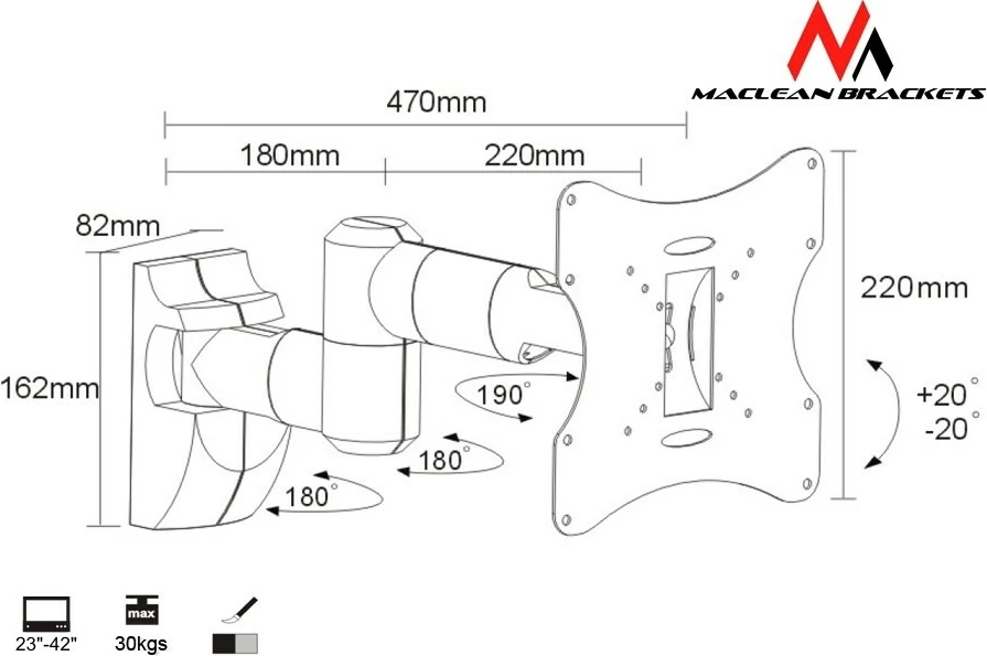 Stenski nosilec za TV, univerzalen, 23-42'', siv