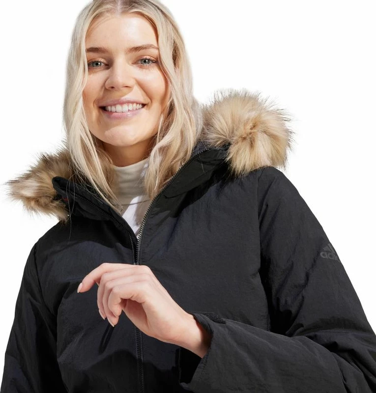 Dolga jakna z odstranljivim umetnim krznom adidas, ženska, črna