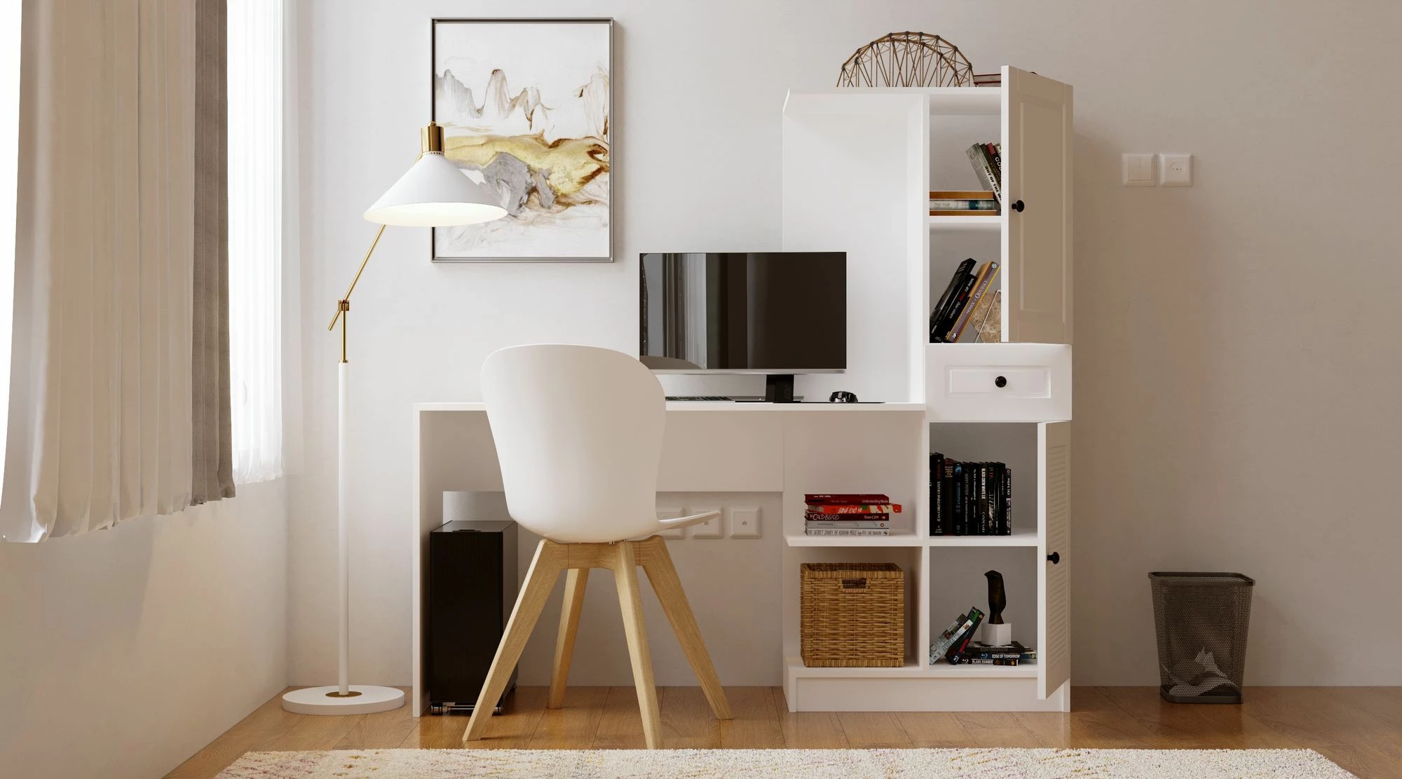 Delovna miza z regalom za knjige, mat bela, Skye Decor, Rb-116