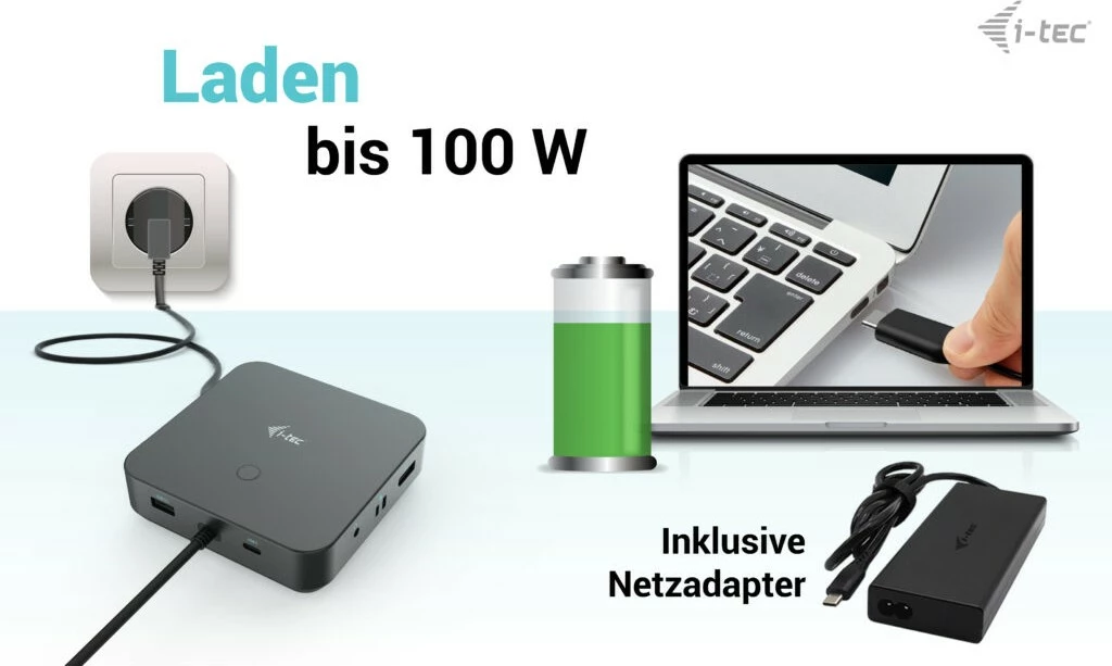 Napredna docking postaja USB-C HDMI Dual DP, 100W, z univerzalnim adapterjem, I-Tec, črna