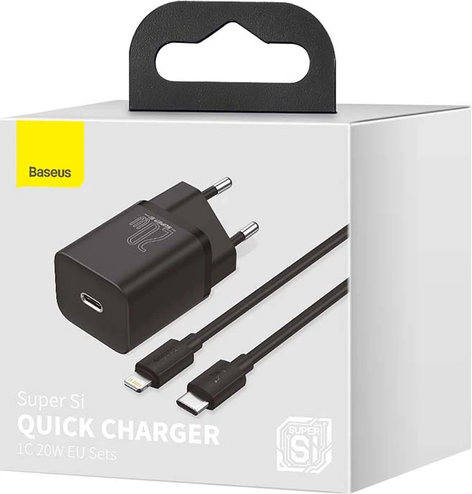 Hitri polnilec 20W Baseus Super Si Quick Charger 1C TZCCSUP-B01 z USB-C na Lightning kablom 1 m, črn