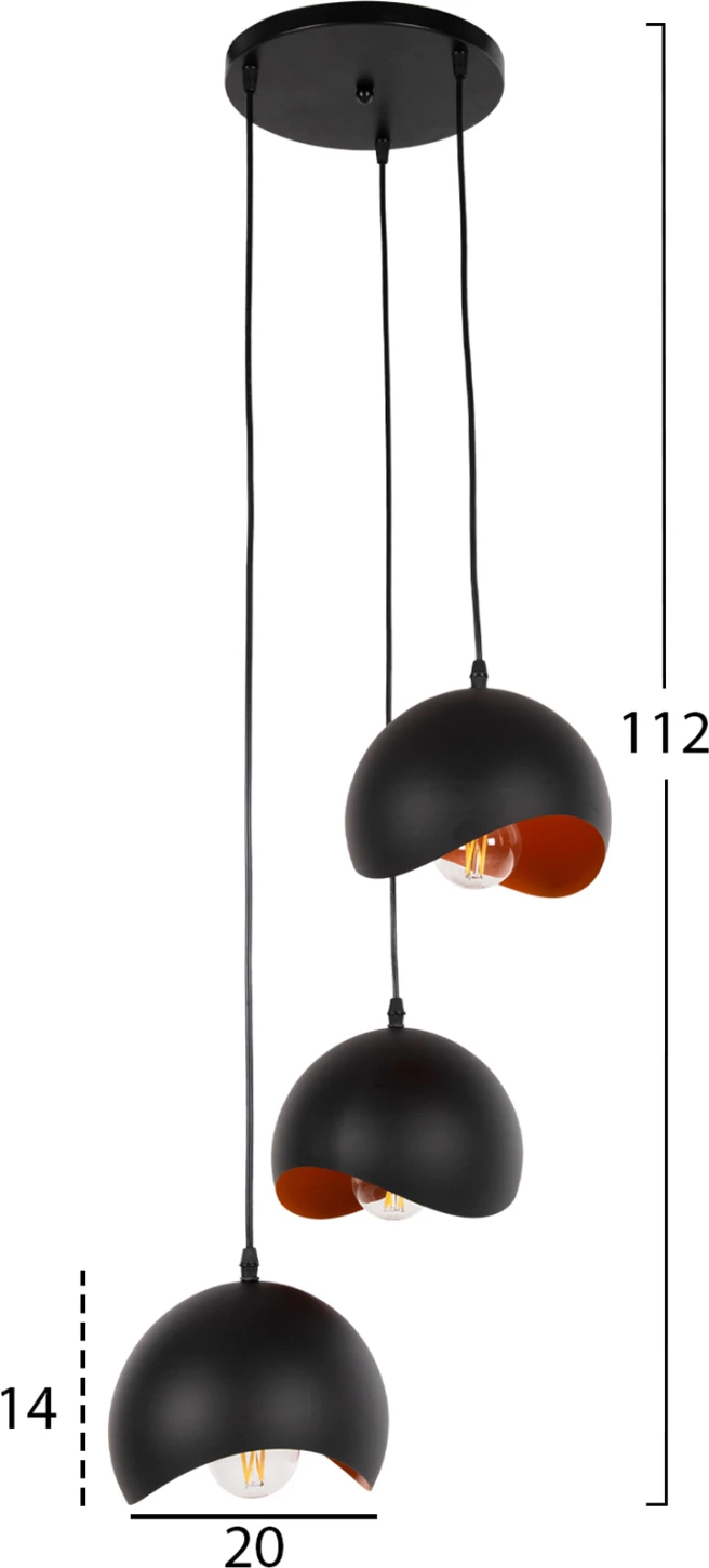 Stropna viseča svetilka s 3 lučmi FH4166.01 kovinske krogle v črno-oranžni barvi Φ20x112Hcm