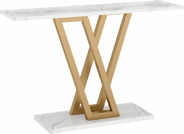 Konzolna mizica bela marmor melaminat z zlatimi kovinskimi nogami Wirmo 110x30x80 cm