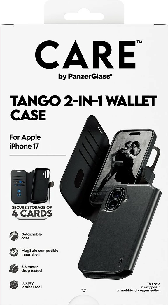 Ovitek z denarnico PanzerGlass CARE Feature Case Tango 2in1 Wallet MagSafe za iPhone 17, črn
