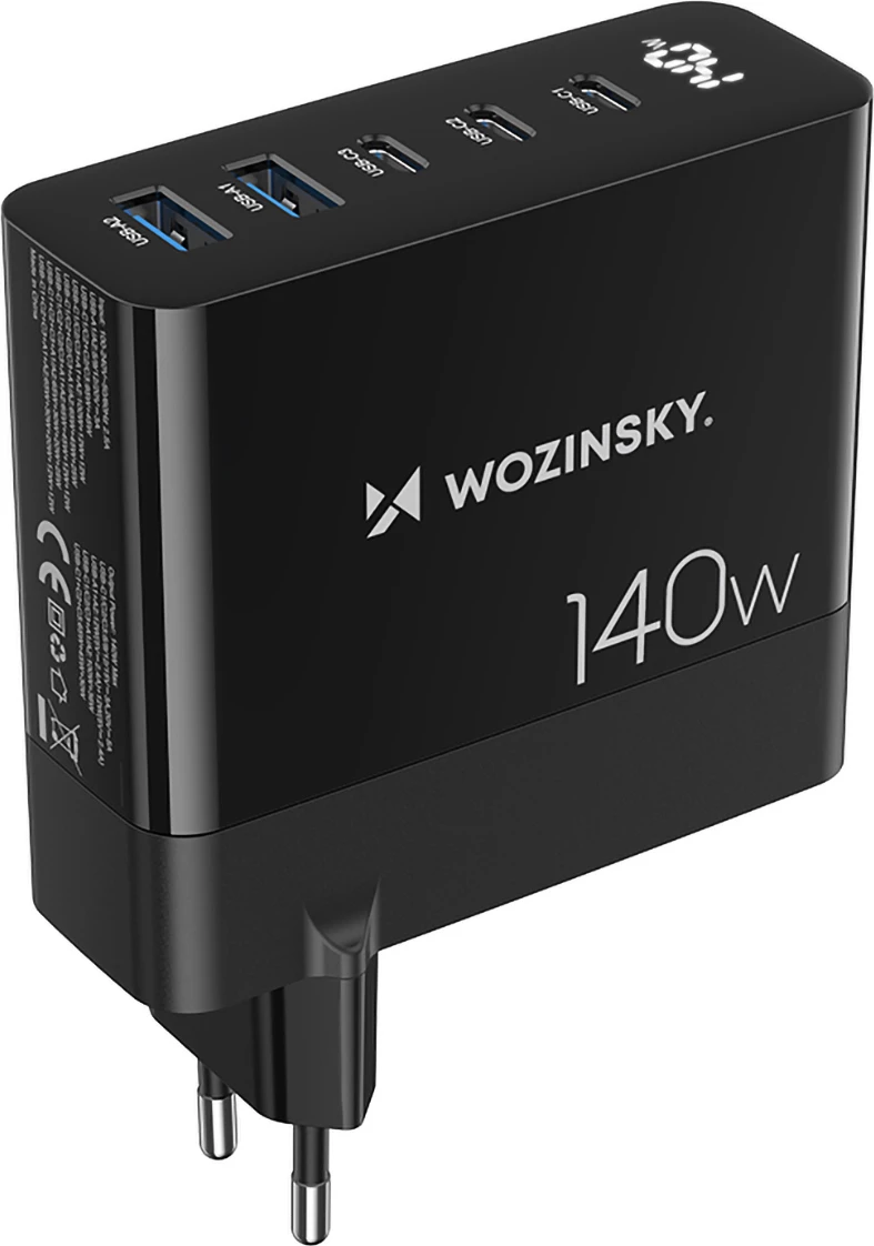Stenski polnilec 140W, 3x USB-C, 2x USB-A, črn, Wozinsky CGWCB